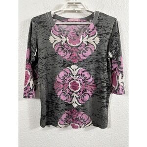 Before + Again Sundance Shirt Womens Large Gray Burnout Floral 3/4 Sleeve Top